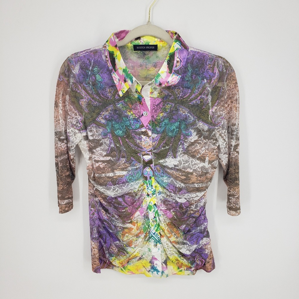 Boston Proper Multicolor Floral Lace Blouse